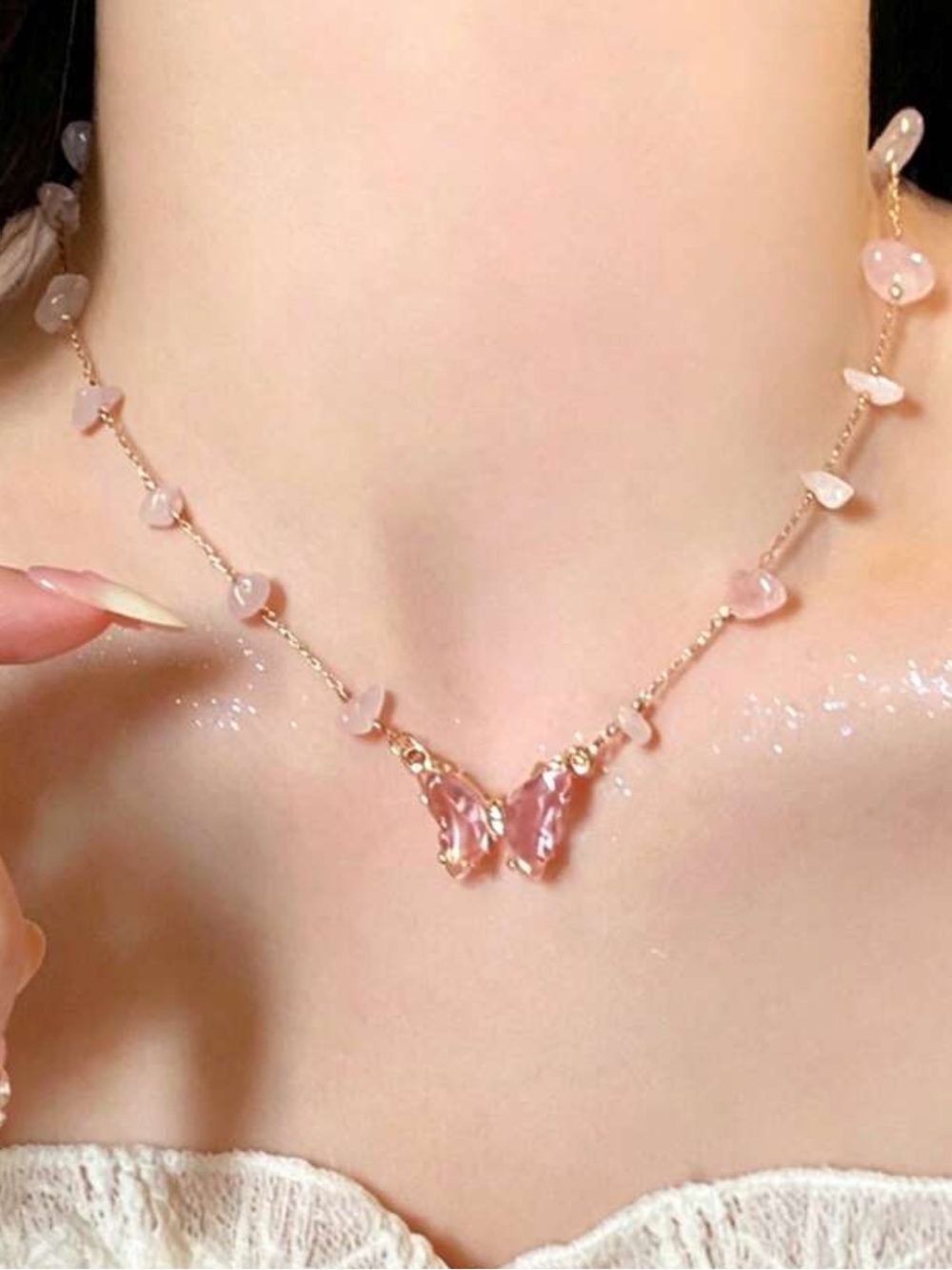 Pink Butterfly Pendant Necklace - Women's Jewelry